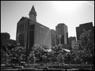 This is a black and white photo of the city skyline in Boston, Mass.