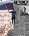 This is a digital photo of myself on a fishing hook line, over top of a great white shark, and a scanned newspaper article about a shark attack on the side.