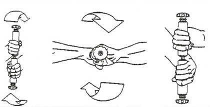 Pronation / Supination / Rotation - Hold the STIK shoulder height, perpendicular to ground. While rotating the grips, as if the middle of the STIK were on an axis, turn the STIK so the top end comes toward your chest and continues down thereby bringing your upper arm down and underneath your bottom arm. When this movement is done your bottom arm should be on top, and your top arm on the bottom. Now reverse your movement and return to the start position. Do your sets, and then reverse your hands so that your bottom hand is on the top grip and your top hand is on the bottom grip. Proceed with your sets. Once again do not remove your hands from the hand grips.